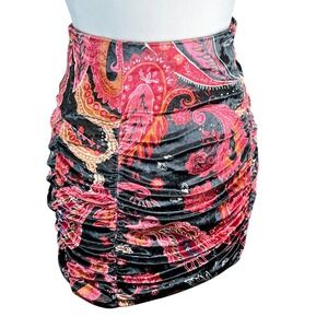 Free People Women's Paisley Velvet Ruched Mini‎ Skirt Red Black Party Small